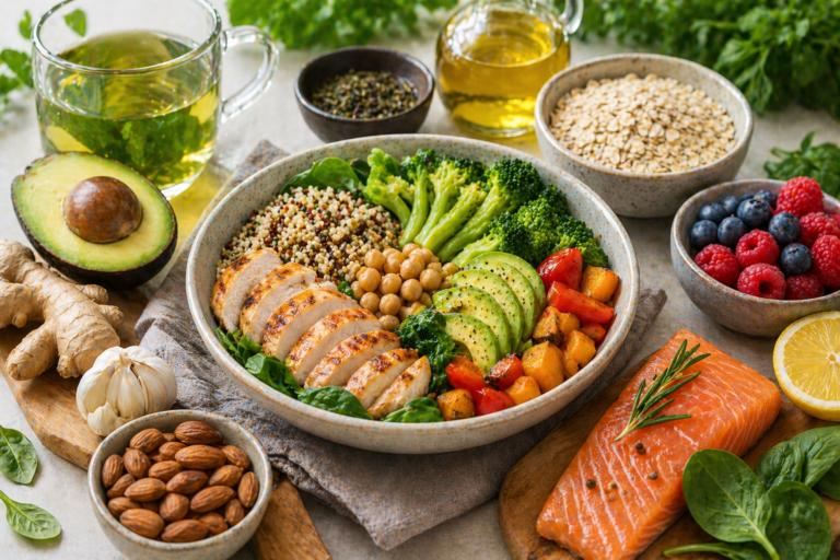 Healthy balanced meal with chicken, quinoa, avocado, vegetables, and metabolism-boosting foods like green tea, salmon, nuts, and berries