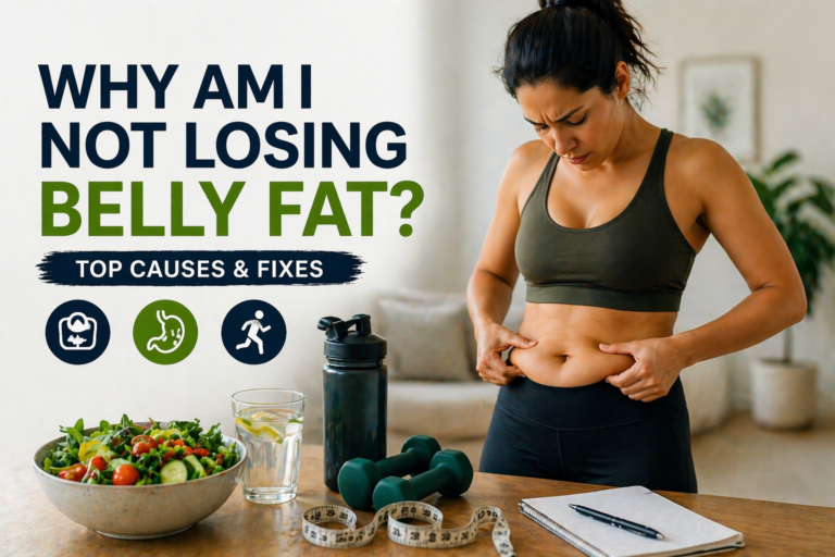 Woman checking belly fat at home with healthy food, water, and fitness equipment representing weight loss challenges and solutions